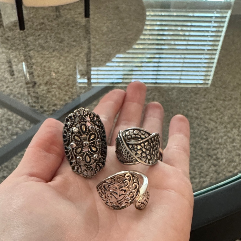 Intricate Silver and Black Women's Ring Trio